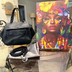 Tory Burch Black Pebble Leather Braided-Handle Shoulder Bag